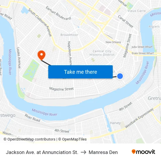 Jackson Ave. at Annunciation St. to Manresa Den map