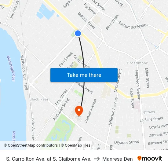 S. Carrollton Ave. at S. Claiborne Ave. to Manresa Den map