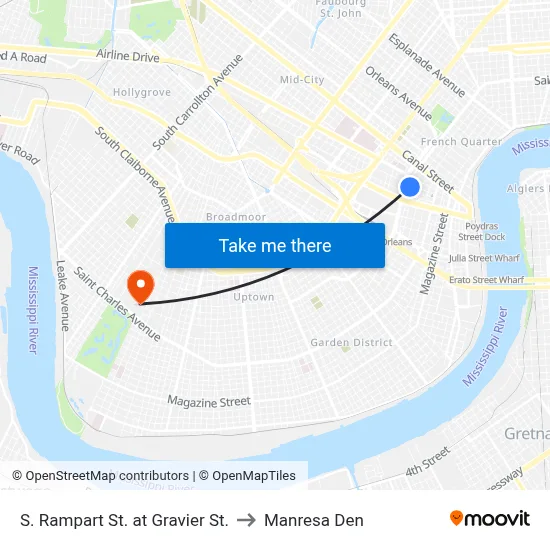 S. Rampart St. at Gravier St. to Manresa Den map