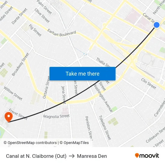 Canal at N. Claiborne (Out) to Manresa Den map