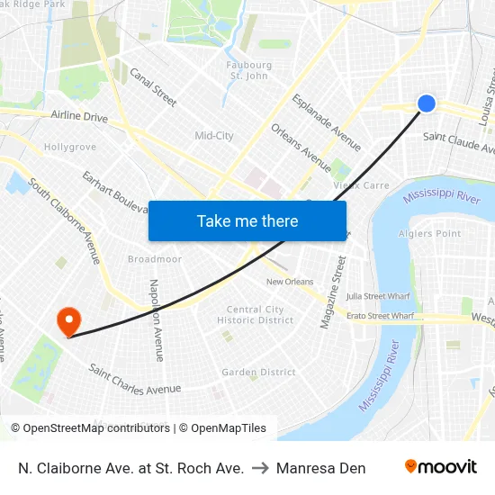 N. Claiborne Ave. at St. Roch Ave. to Manresa Den map