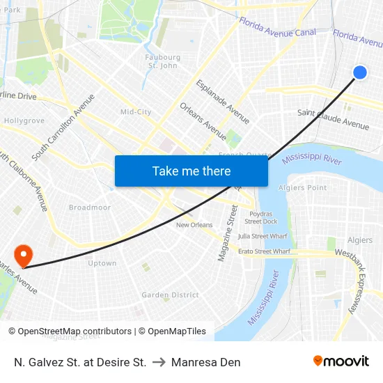 N. Galvez St. at Desire St. to Manresa Den map