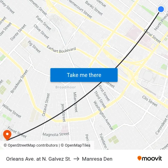 Orleans Ave. at N. Galvez St. to Manresa Den map