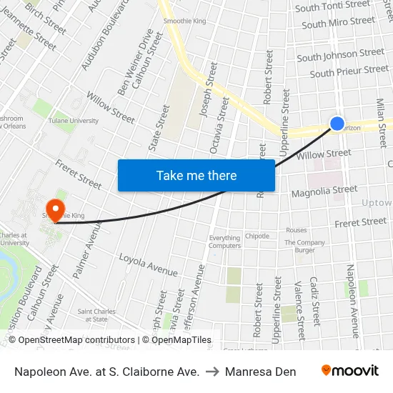 Napoleon Ave. at S. Claiborne Ave. to Manresa Den map