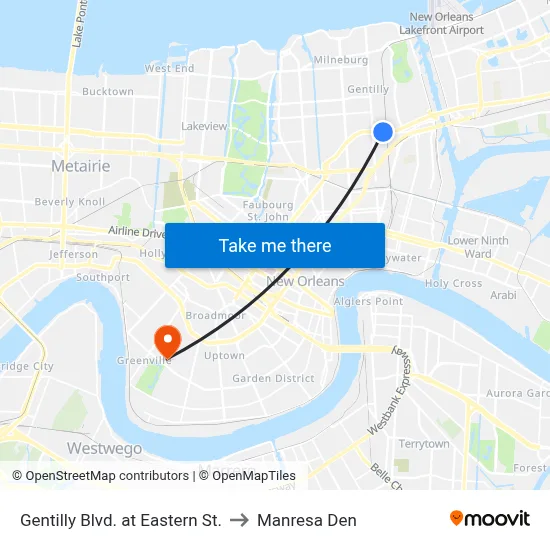 Gentilly Blvd. at Eastern St. to Manresa Den map