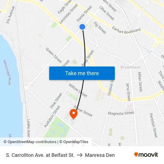 S. Carrollton Ave. at Belfast St. to Manresa Den map