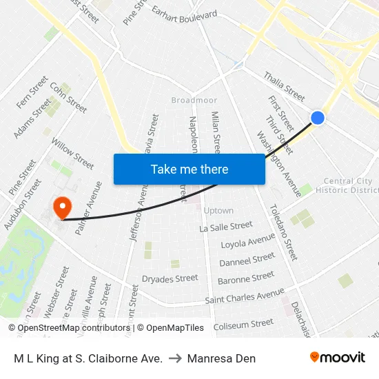 M L King at S. Claiborne Ave. to Manresa Den map