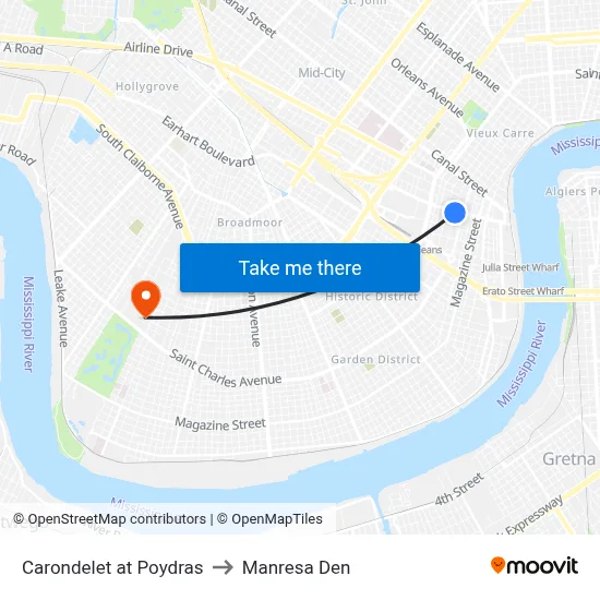 Carondelet at Poydras to Manresa Den map