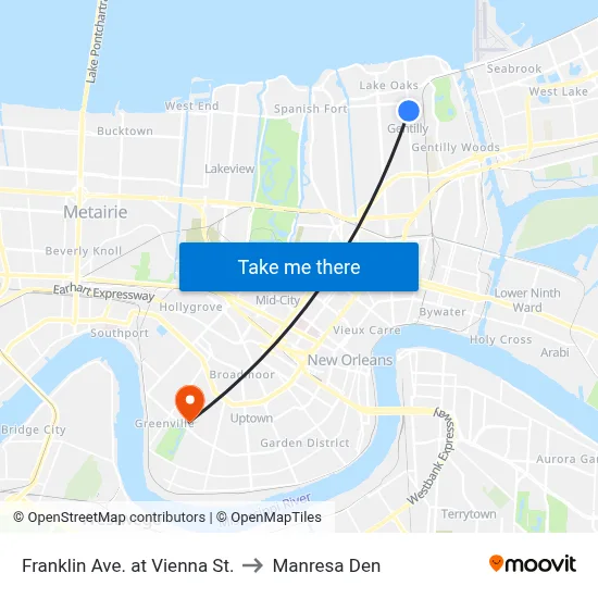 Franklin Ave. at Vienna St. to Manresa Den map