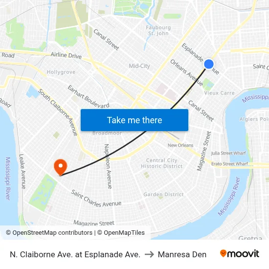 N. Claiborne Ave. at Esplanade Ave. to Manresa Den map