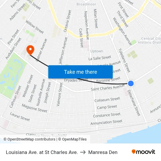 Louisiana Ave. at St Charles Ave. to Manresa Den map