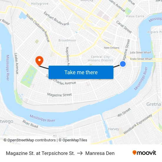 Magazine St. at Terpsichore St. to Manresa Den map