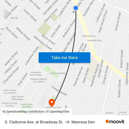 S. Claiborne Ave. at Broadway St. to Manresa Den map