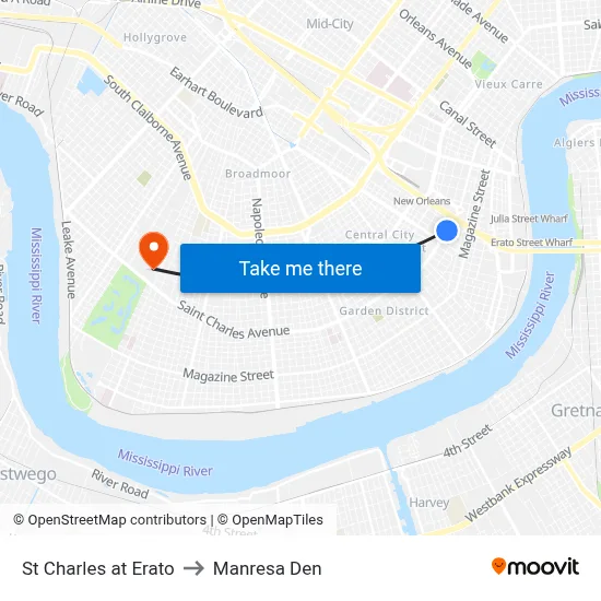 St Charles at Erato to Manresa Den map