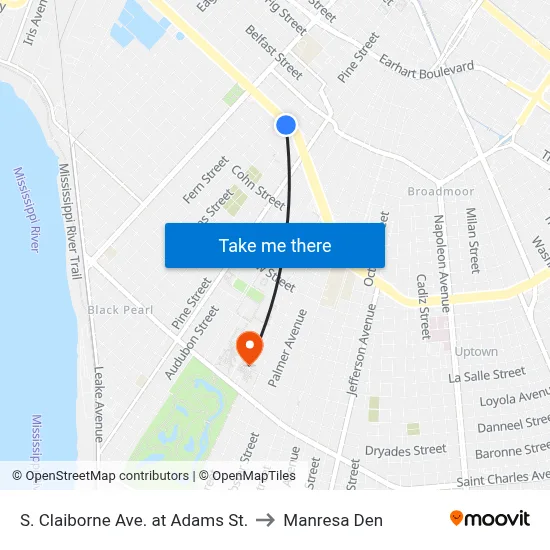 S. Claiborne Ave. at Adams St. to Manresa Den map
