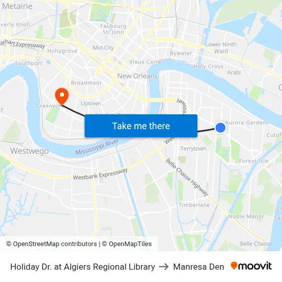 Holiday Dr. at Algiers Regional Library to Manresa Den map