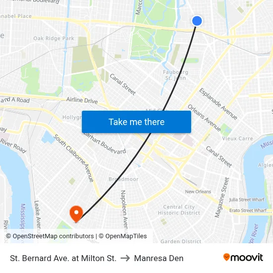 St. Bernard Ave. at Milton St. to Manresa Den map
