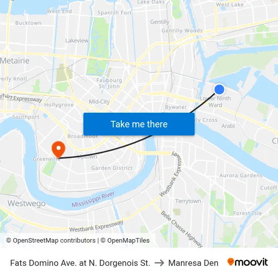 Fats Domino Ave. at N. Dorgenois St. to Manresa Den map