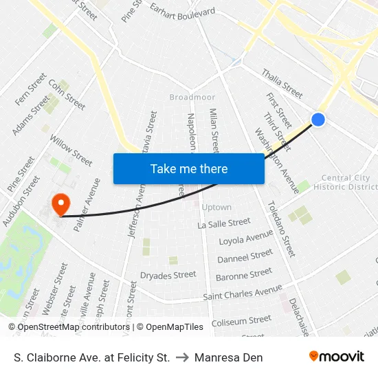 S. Claiborne Ave. at Felicity St. to Manresa Den map