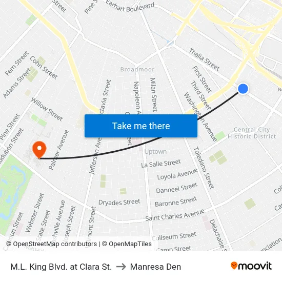 M.L. King Blvd. at Clara St. to Manresa Den map