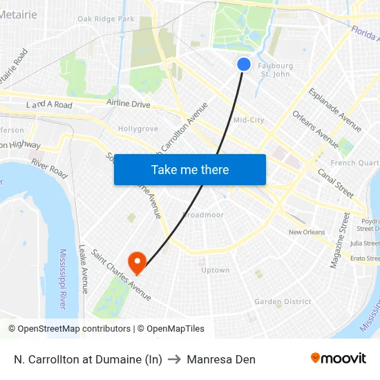 N. Carrollton at Dumaine (In) to Manresa Den map