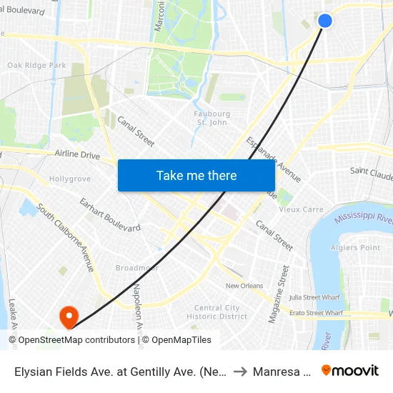 Elysian Fields Ave. at Gentilly Ave. (Nearside) to Manresa Den map