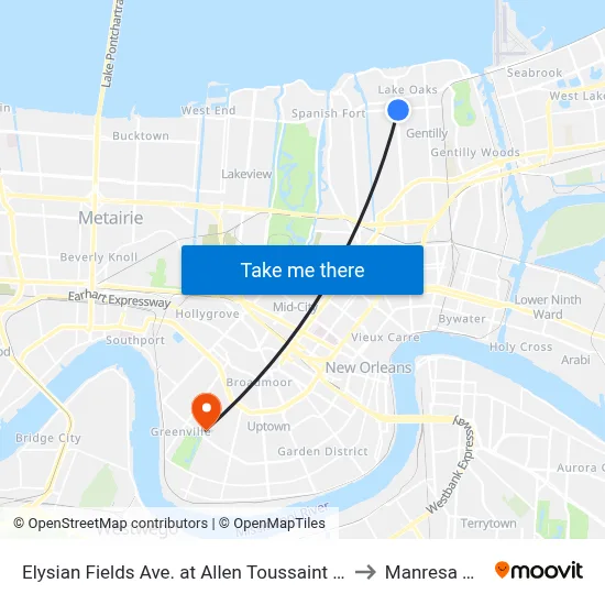 Elysian Fields Ave. at Allen Toussaint Blvd. to Manresa Den map