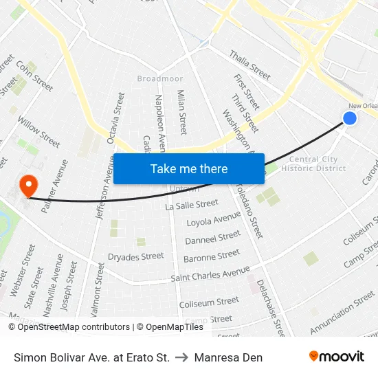 Simon Bolivar Ave. at Erato St. to Manresa Den map