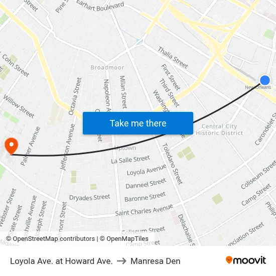 Loyola Ave. at Howard Ave. to Manresa Den map