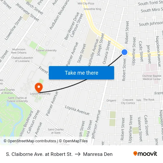 S. Claiborne Ave. at Robert St. to Manresa Den map