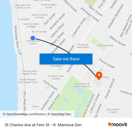 St Charles Ave at Fern St to Manresa Den map