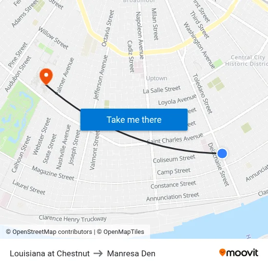 Louisiana at Chestnut to Manresa Den map