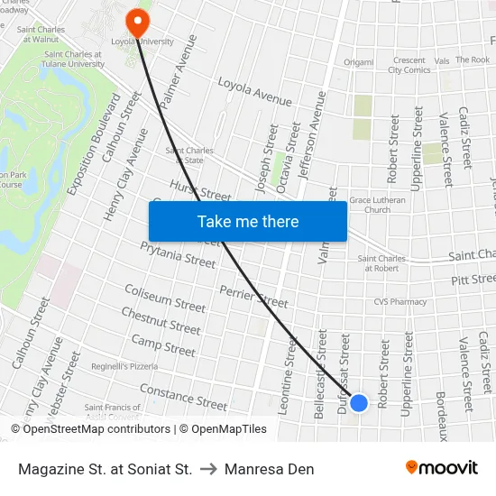 Magazine St. at Soniat St. to Manresa Den map