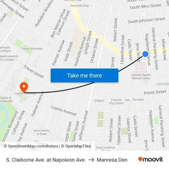 S. Claiborne Ave. at Napoleon Ave. to Manresa Den map