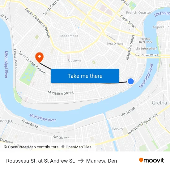 Rousseau St. at St Andrew St. to Manresa Den map