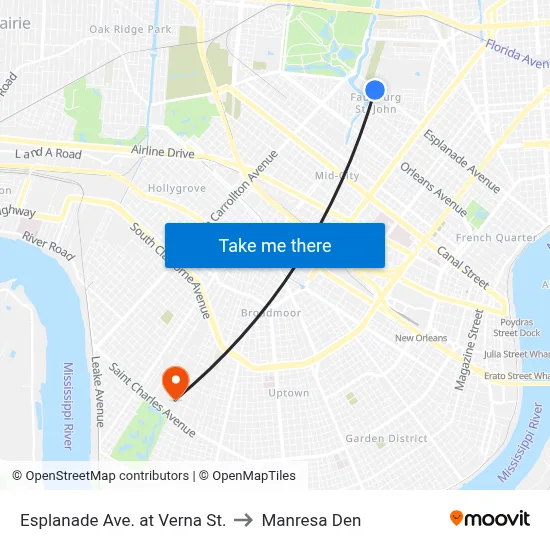Esplanade Ave. at Verna St. to Manresa Den map