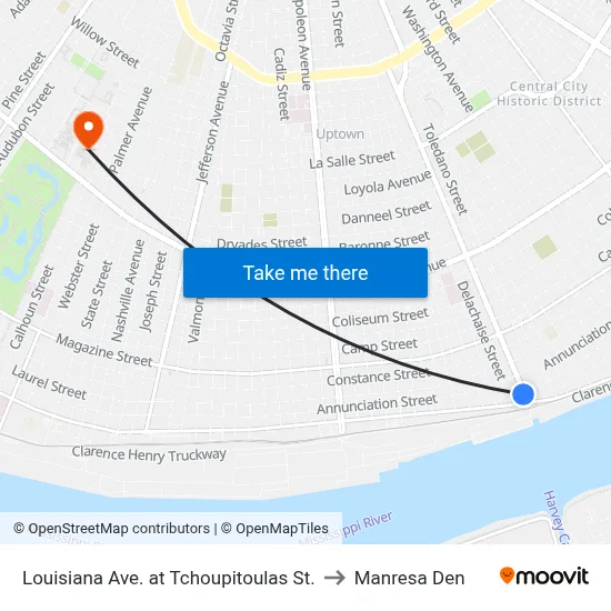 Louisiana Ave. at Tchoupitoulas St. to Manresa Den map