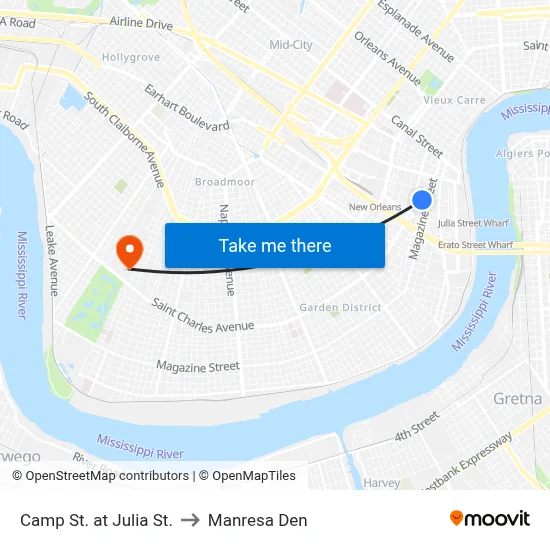 Camp St. at Julia St. to Manresa Den map