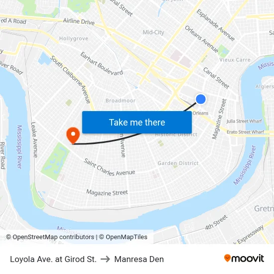 Loyola Ave. at Girod St. to Manresa Den map