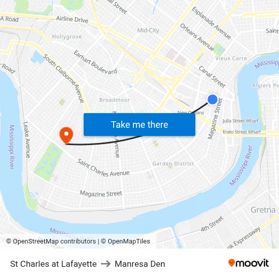 St Charles at Lafayette to Manresa Den map