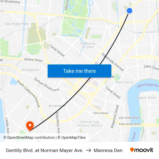 Gentilly Blvd. at Norman Mayer Ave. to Manresa Den map