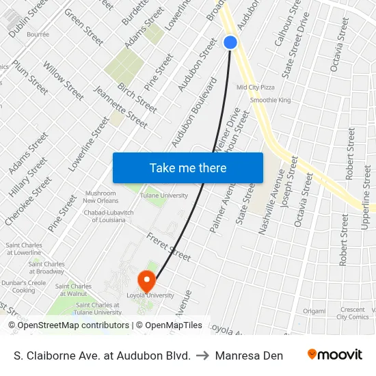 S. Claiborne Ave. at Audubon Blvd. to Manresa Den map
