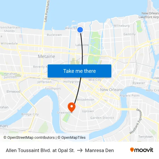 Allen Toussaint Blvd. at Opal St. to Manresa Den map