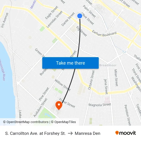 S. Carrollton Ave. at Forshey St. to Manresa Den map