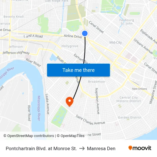 Pontchartrain Blvd. at Monroe St. to Manresa Den map