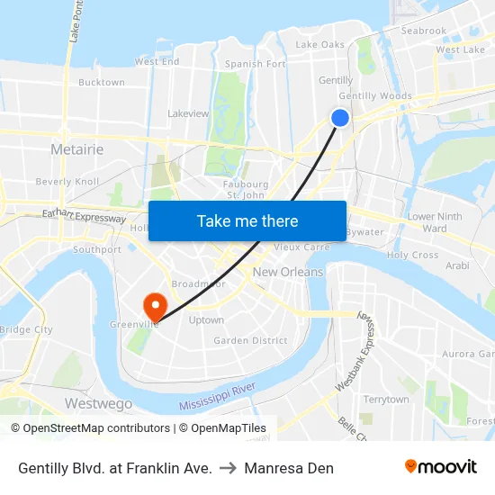 Gentilly Blvd. at Franklin Ave. to Manresa Den map