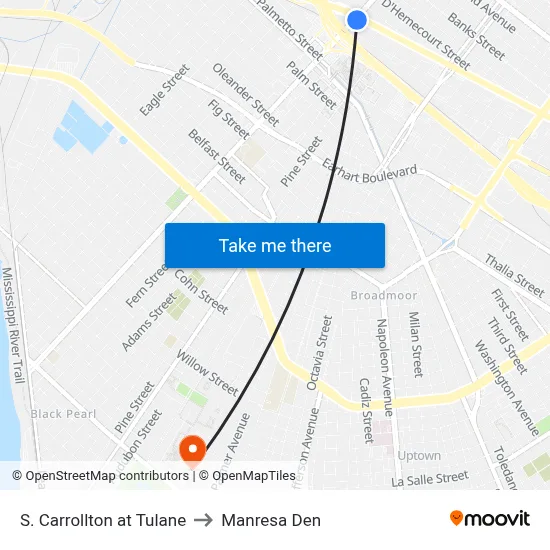 S. Carrollton at Tulane to Manresa Den map