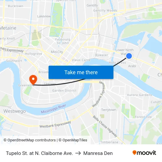 Tupelo St. at N. Claiborne Ave. to Manresa Den map