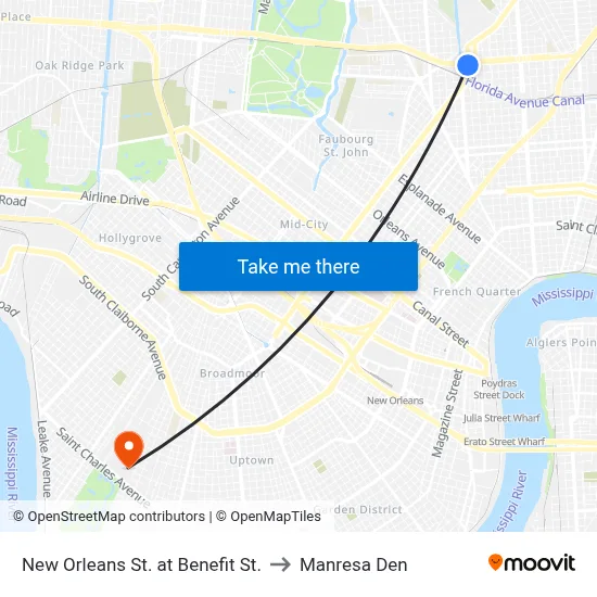 New Orleans St. at Benefit St. to Manresa Den map