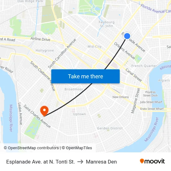 Esplanade Ave. at N. Tonti St. to Manresa Den map